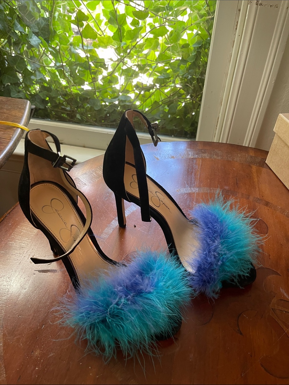 Jessica Simpson Black Ankle-Strap Heels with Teal & Blue Feather Detail